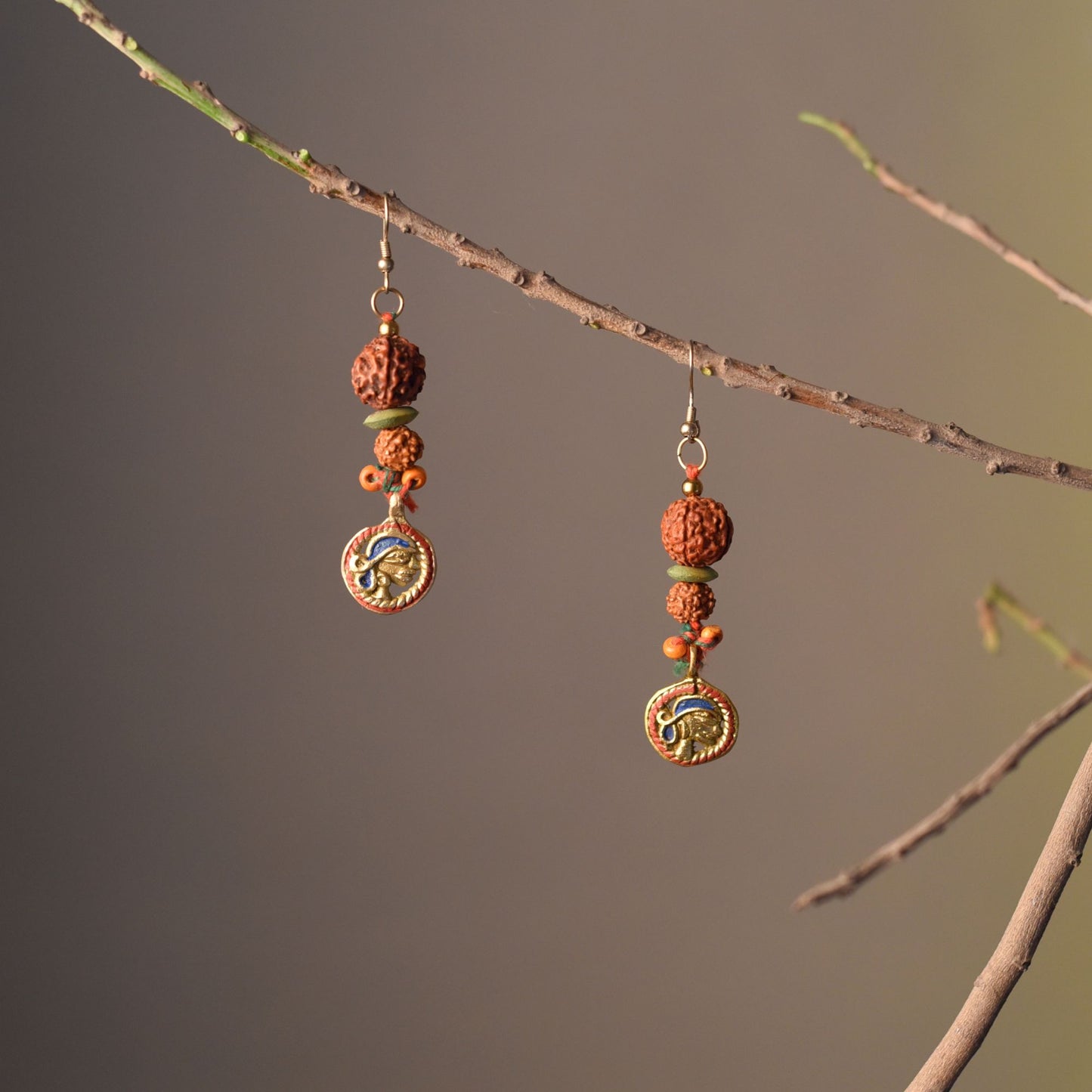 Divine Fusion: Handcrafted Wooden & Rudraksha Earrings