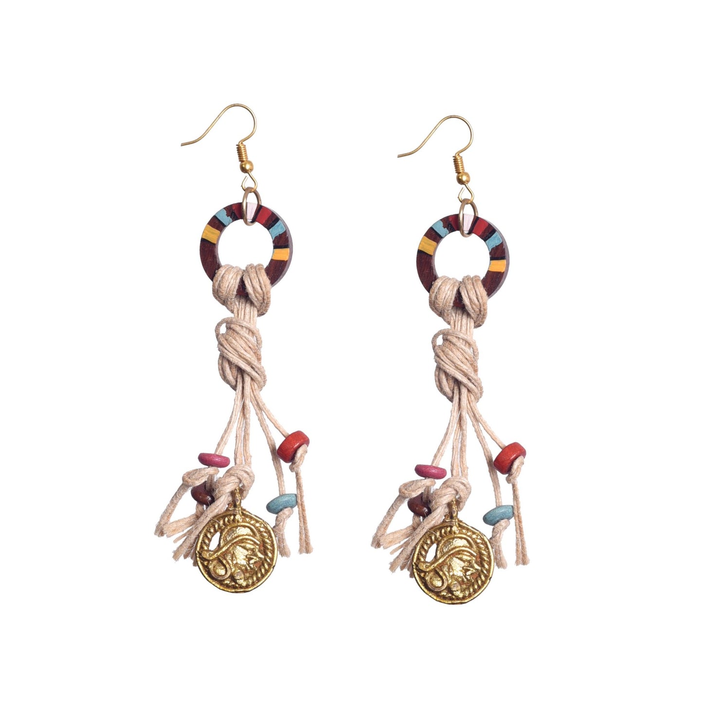 Rustic Loops: Handcrafted Wooden Earrings with Intricate Brass Figures