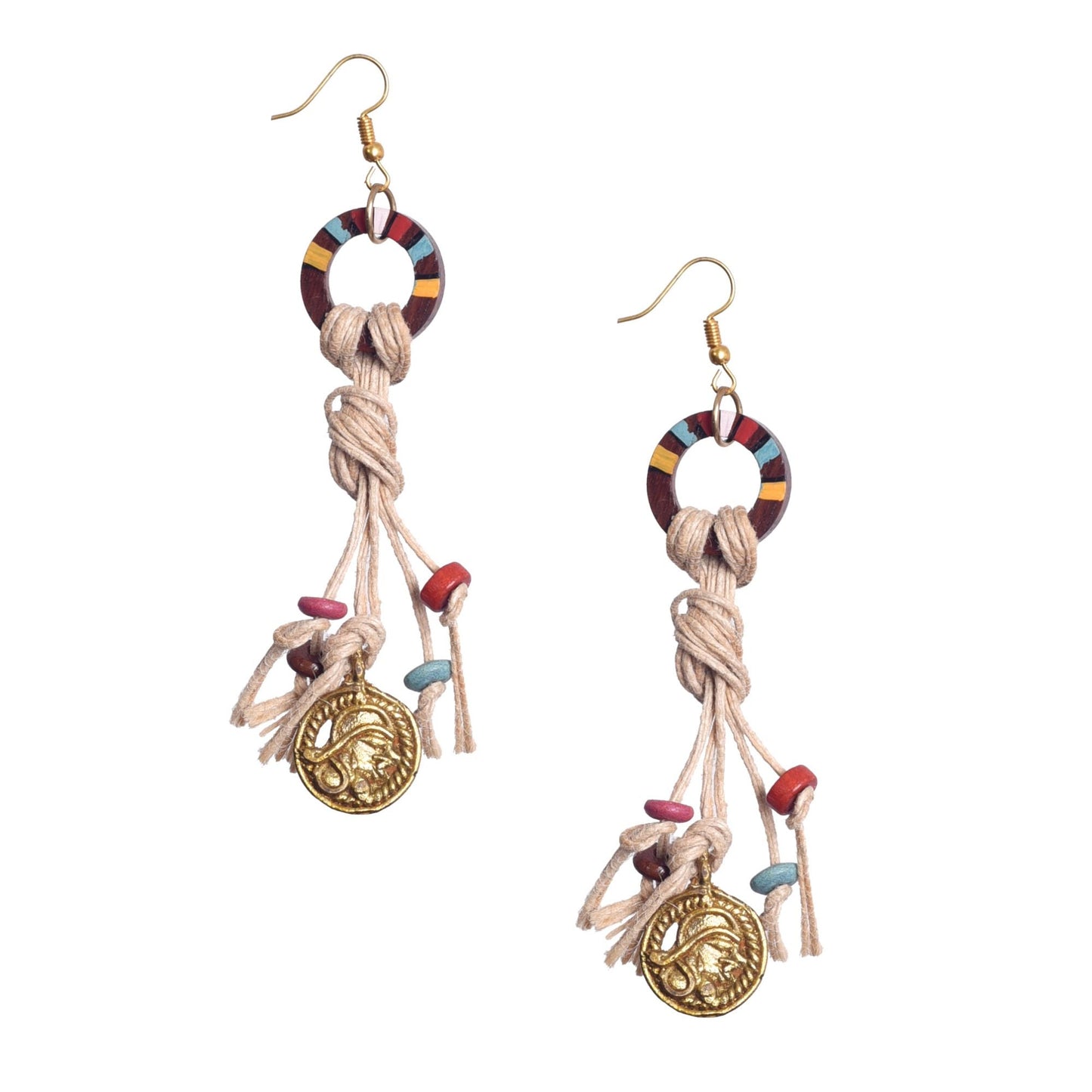 Rustic Loops: Handcrafted Wooden Earrings with Intricate Brass Figures