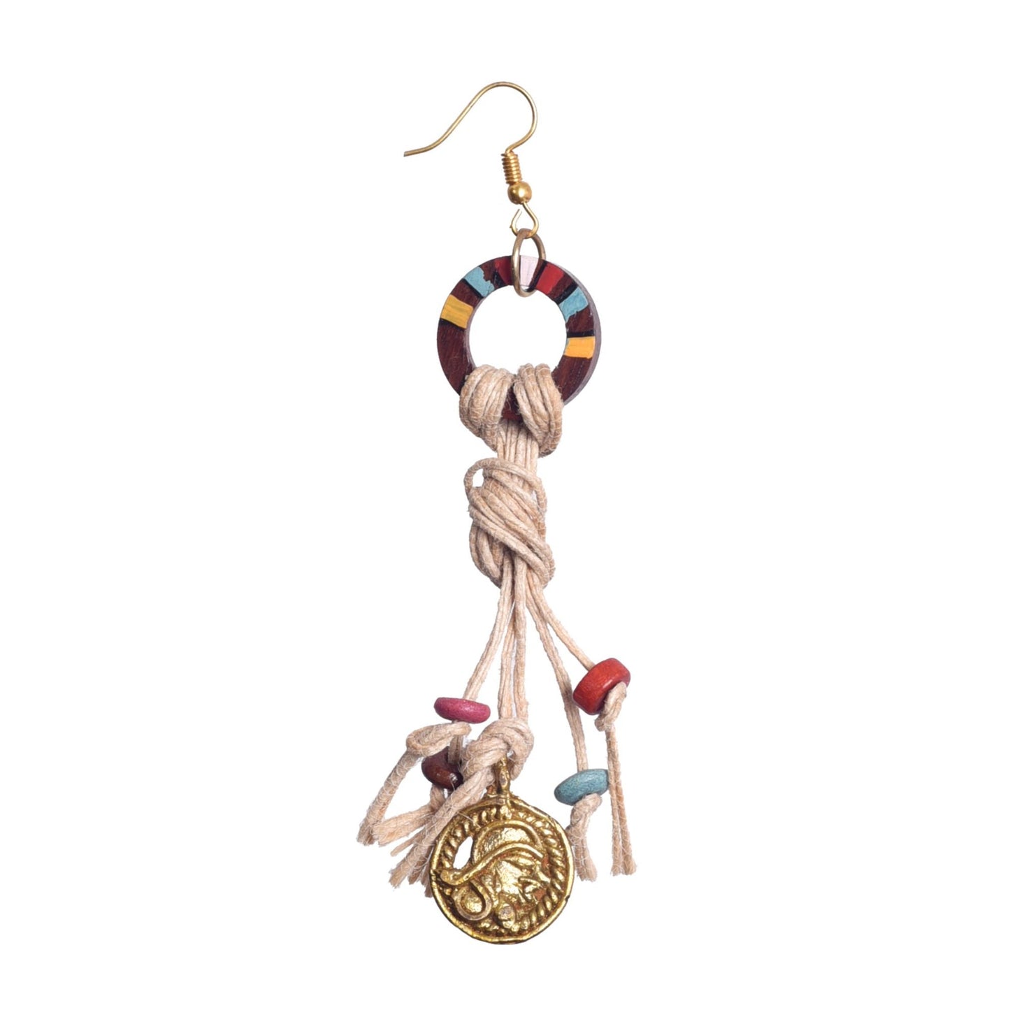 Rustic Loops: Handcrafted Wooden Earrings with Intricate Brass Figures