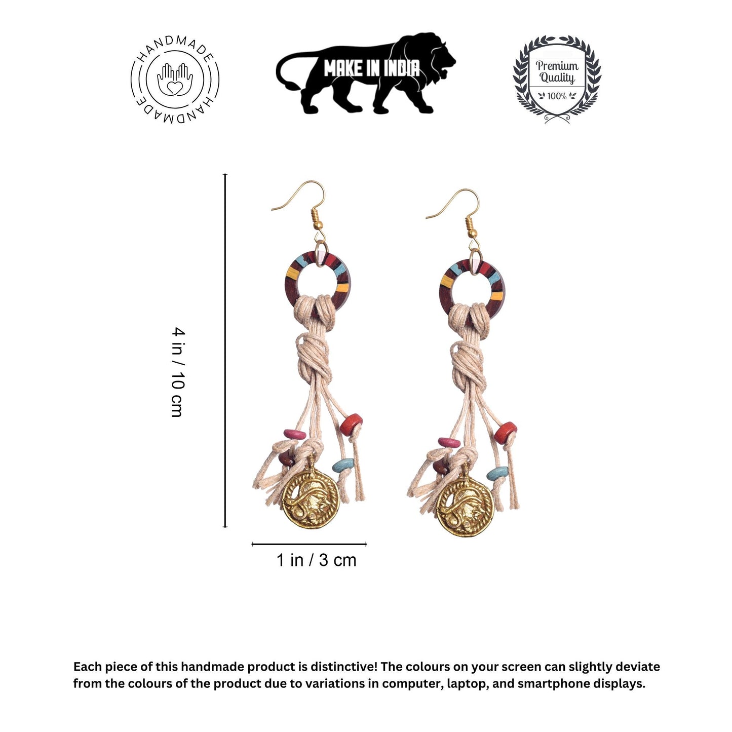 Rustic Loops: Handcrafted Wooden Earrings with Intricate Brass Figures