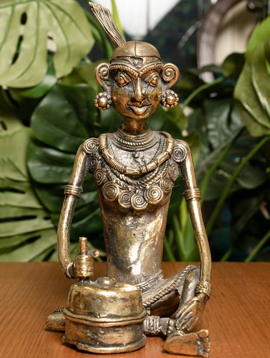 Dhokra Craft Curio (Large) - Lady with Grinder